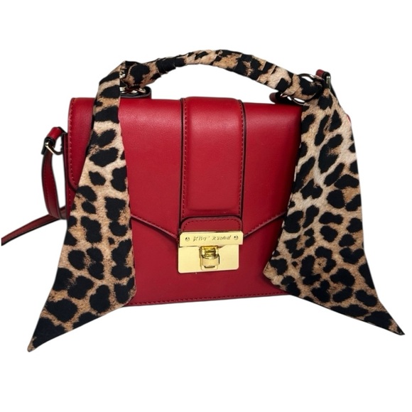 Betsey Johnson Red Structured Crossbody Handle Bag Leopard Scarf Gold Hardware - Picture 1 of 10